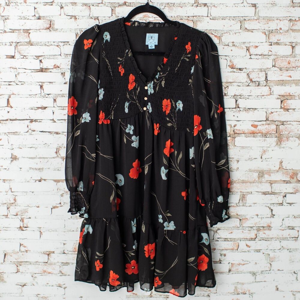 CeCe Women’s Small Black Floral Smocked Tiered Midi Dress Long Sleeve Boho